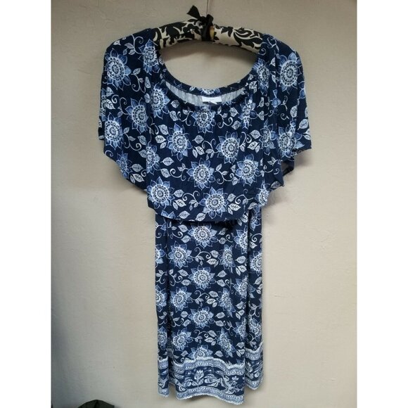 J. Jill Womens Bertha Collar Shift Dress Medium Stretchy Neckline Floral Blue - Picture 1 of 7